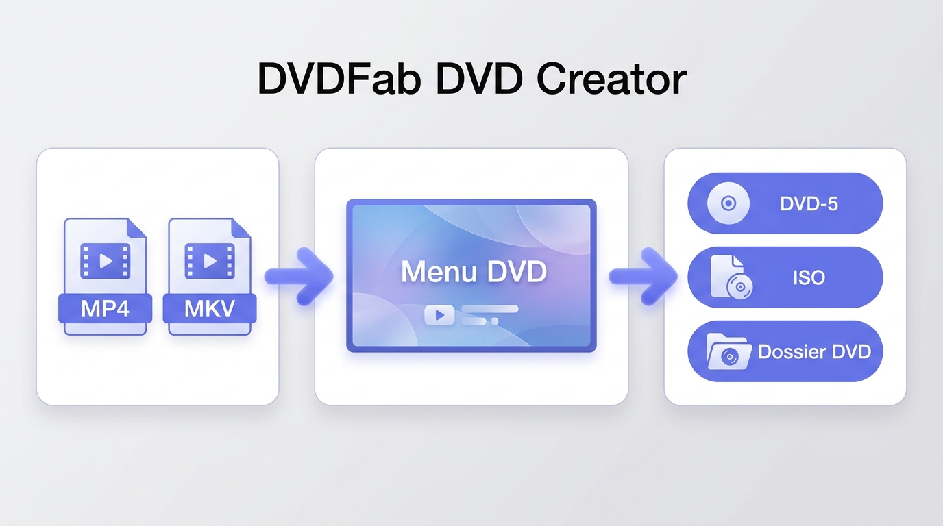 DVDFab DVD Creator avec vidéos importées, menu DVD et sortie ISO ou dossier DVD