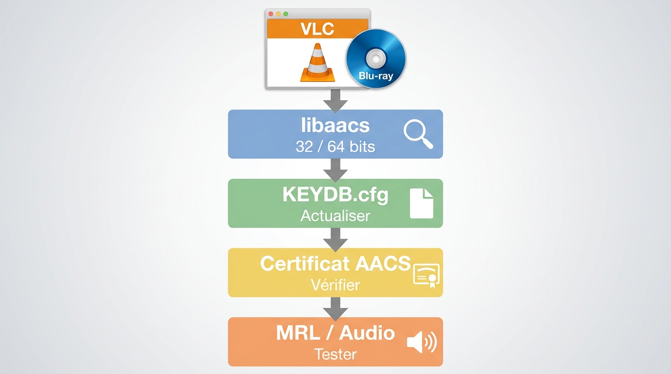Diagnostic des erreurs VLC Blu-ray : libaacs, KEYDB.cfg, certificat AACS, MRL et audio.