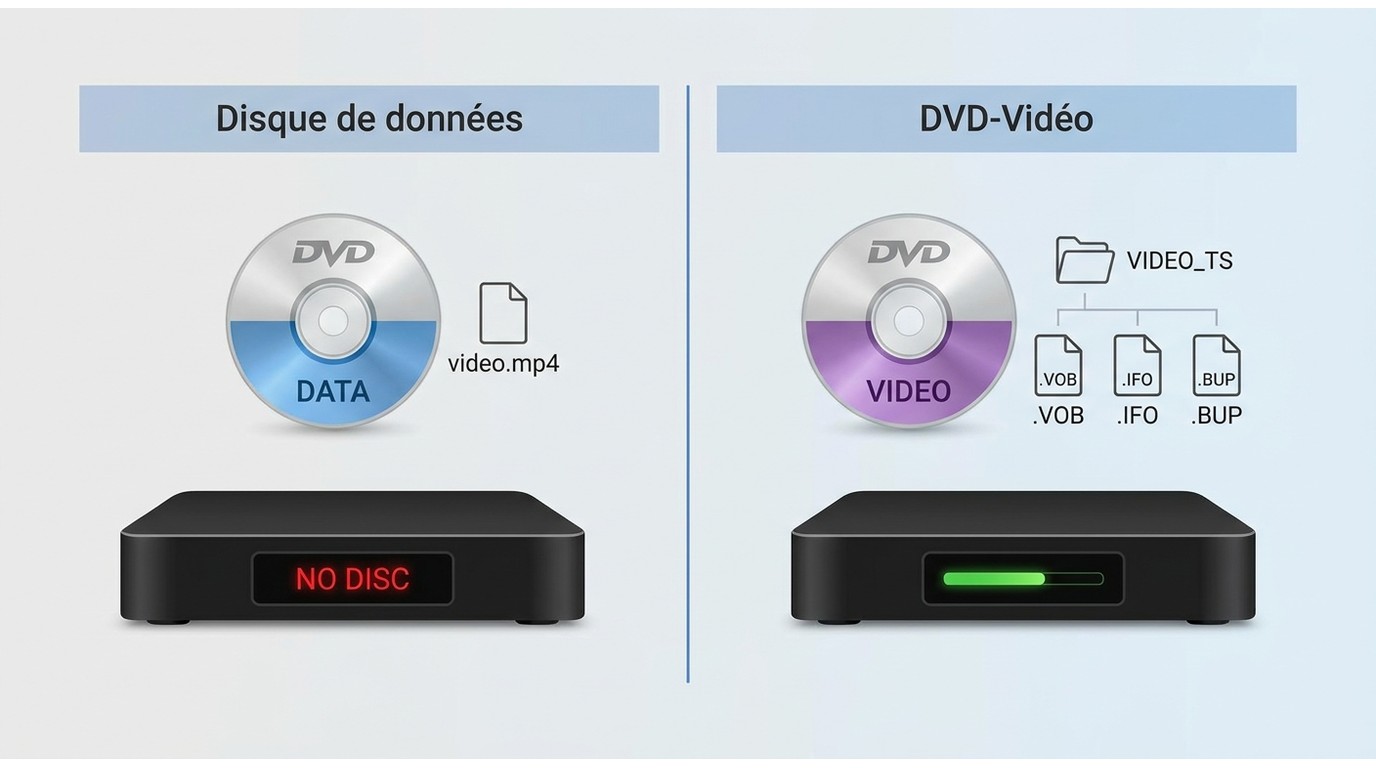 Comparaison disque de données MP4 vs DVD-Vidéo structure VIDEO_TS : platine affiche NO DISC vs lectu