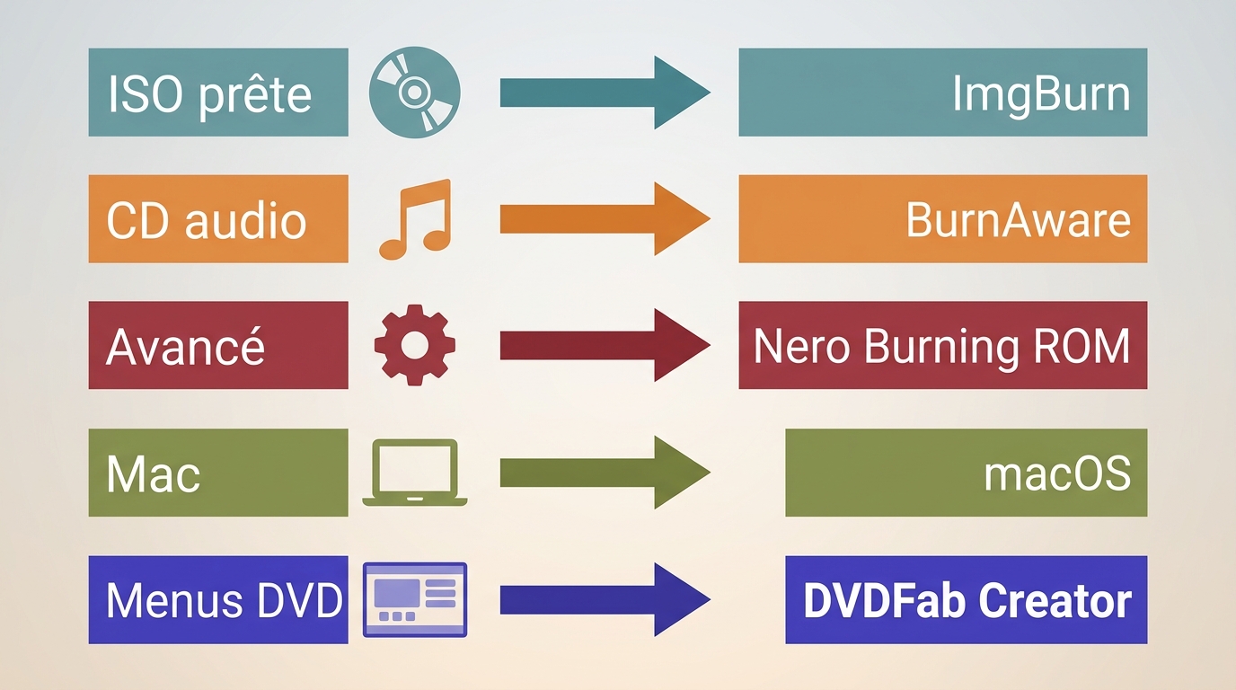 Choix entre ImgBurn, BurnAware, Nero, macOS et DVDFab selon le projet