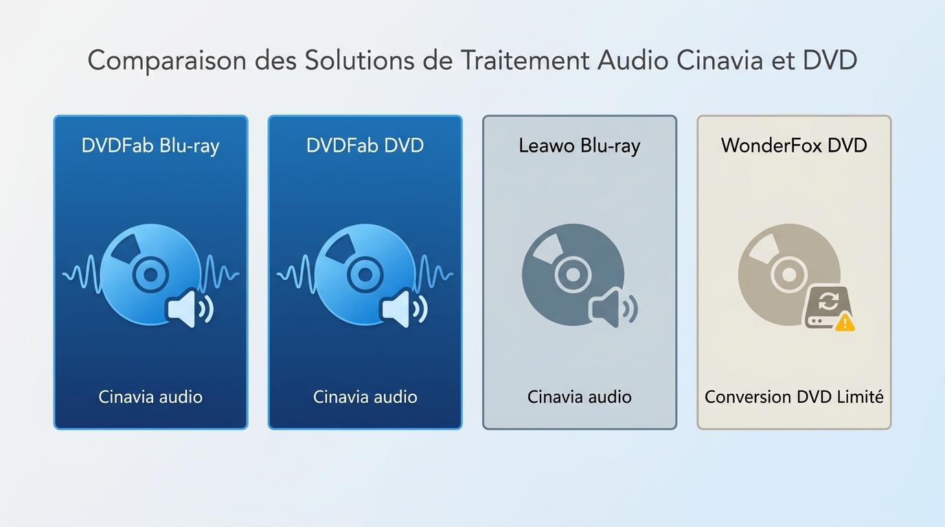 Comparaison DVDFab, Leawo et WonderFox par support, traitement audio et compatibilité.