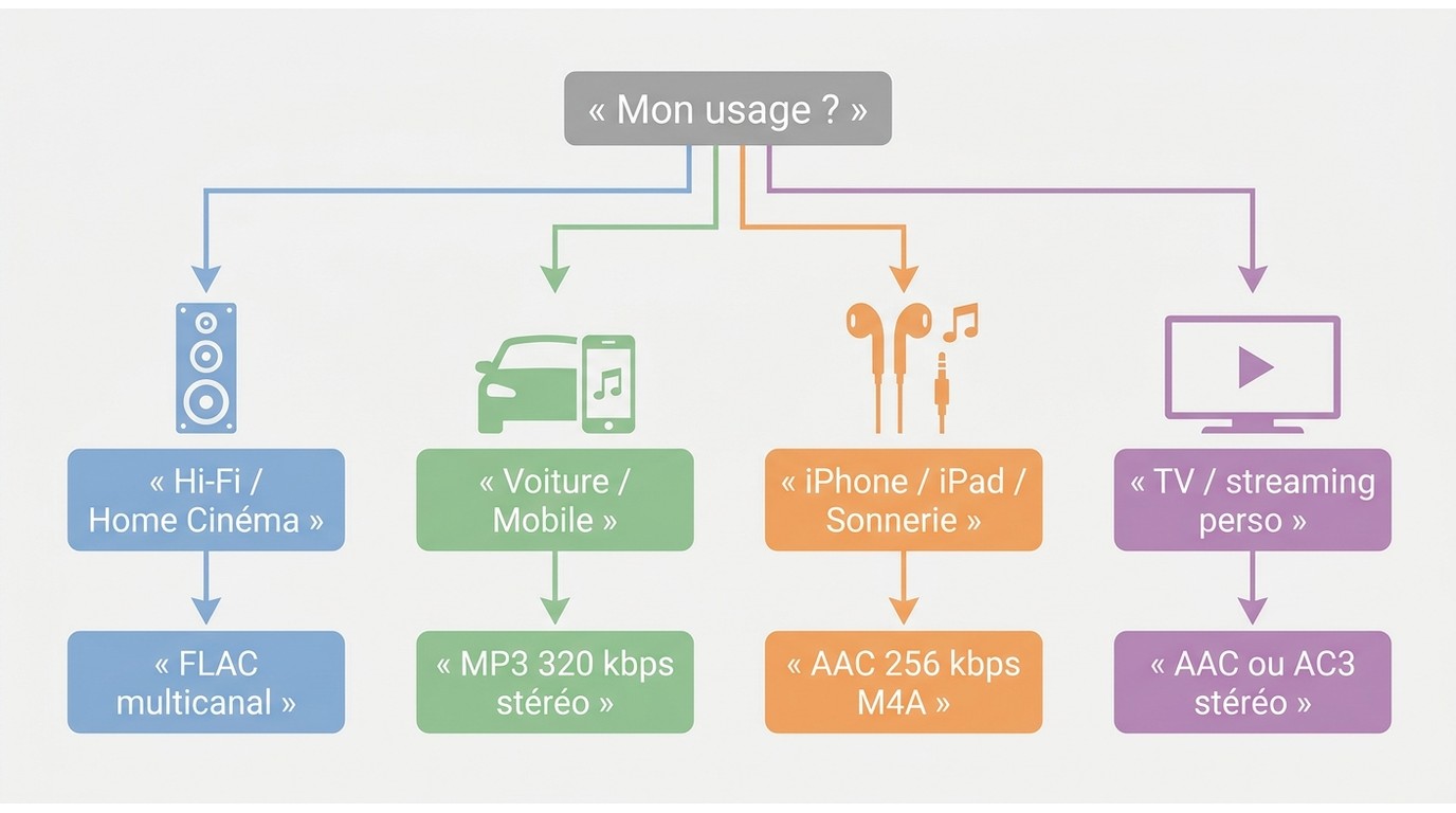 Arbre de décision : FLAC multicanal pour Hi-Fi, MP3 320 kbps pour voiture/smartphone, AAC pour appar