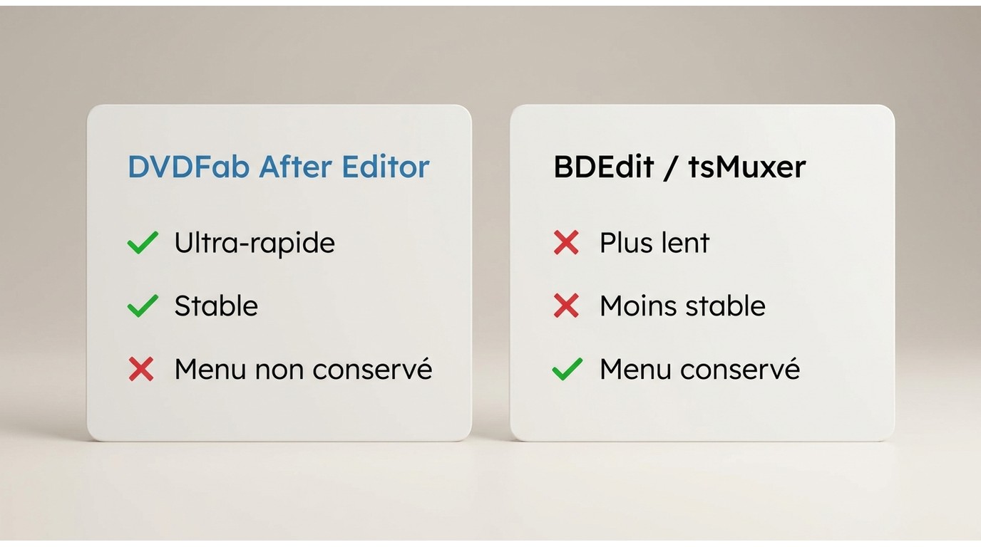 DVDFab After Editor vs BDEdit/tsMuxer : rapidité et stabilité contre conservation du menu Blu-ray