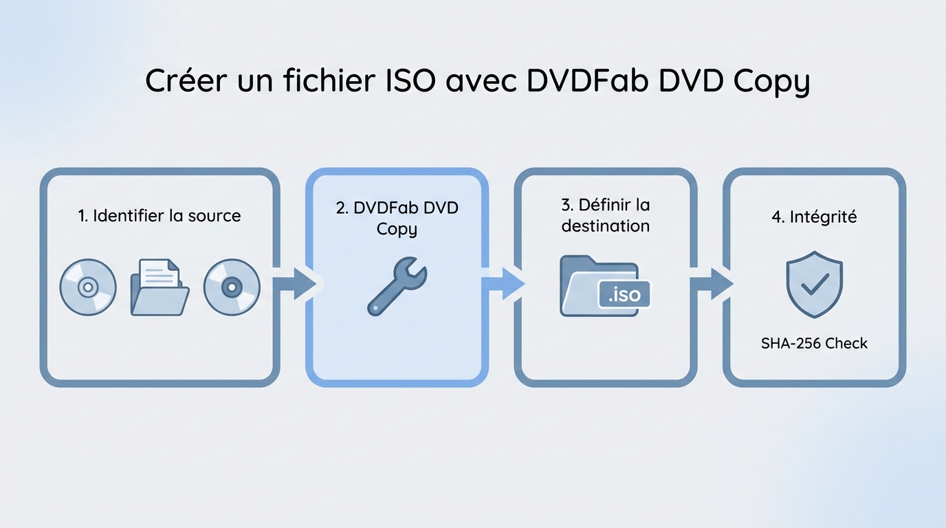 Flux en 4 étapes pour créer une image ISO : source, outil, destination, vérification SHA-256
