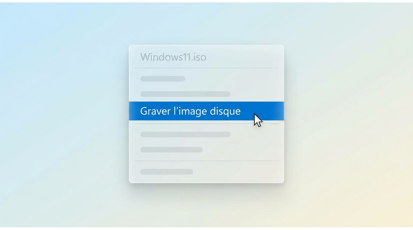 Menu contextuel Windows sur un fichier ISO avec l'option Graver l'image disque, et boîte de dialogue