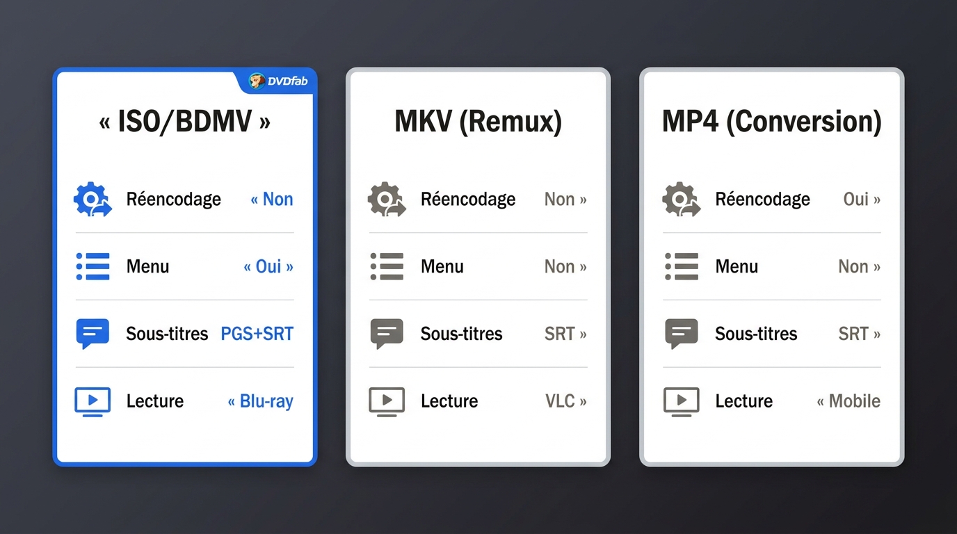 Comparaison ISO/BDMV vs MKV vs MP4 : réencodage, menus, sous-titres et lecteur cible pour DVDFab Aft