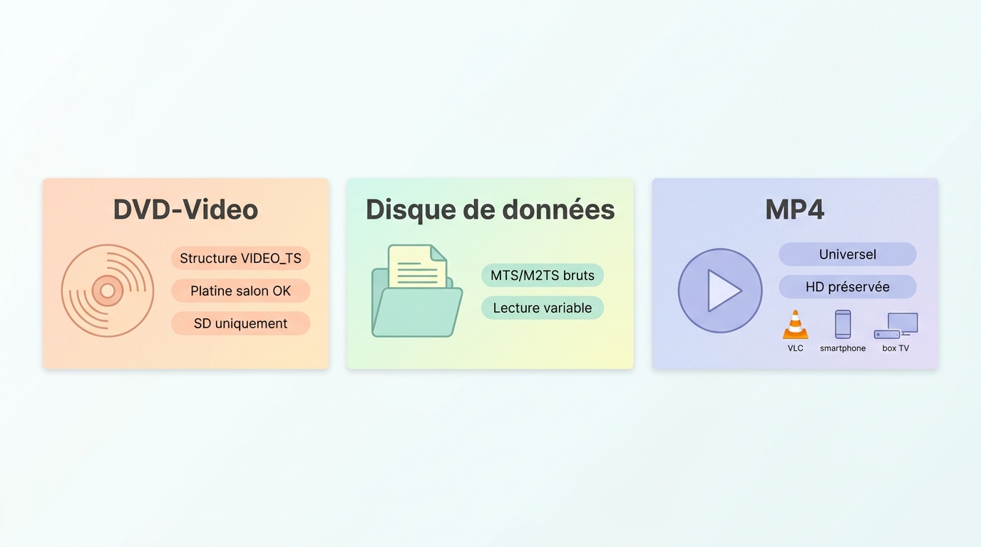 Comparaison DVD-Video, disque de données et MP4 : compatibilité platine, conservation HD et usage co