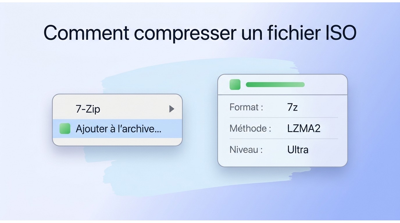 7-Zip : clic droit sur un ISO puis réglages LZMA2 niveau Ultra dans la boîte de dialogue Ajouter à l
