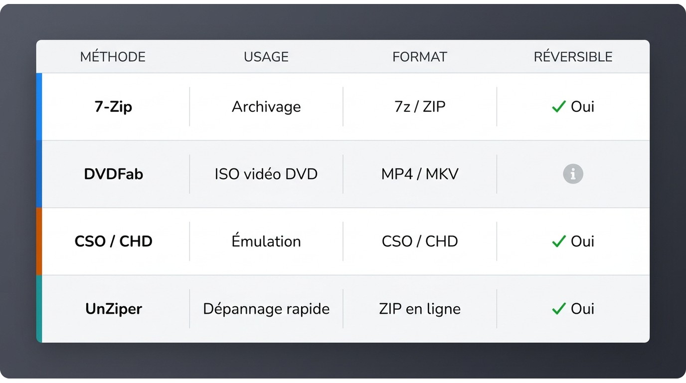 Comparaison des 4 méthodes de compression ISO : 7-Zip, DVDFab, CSO/CHD, UnZiper — usage, format de s