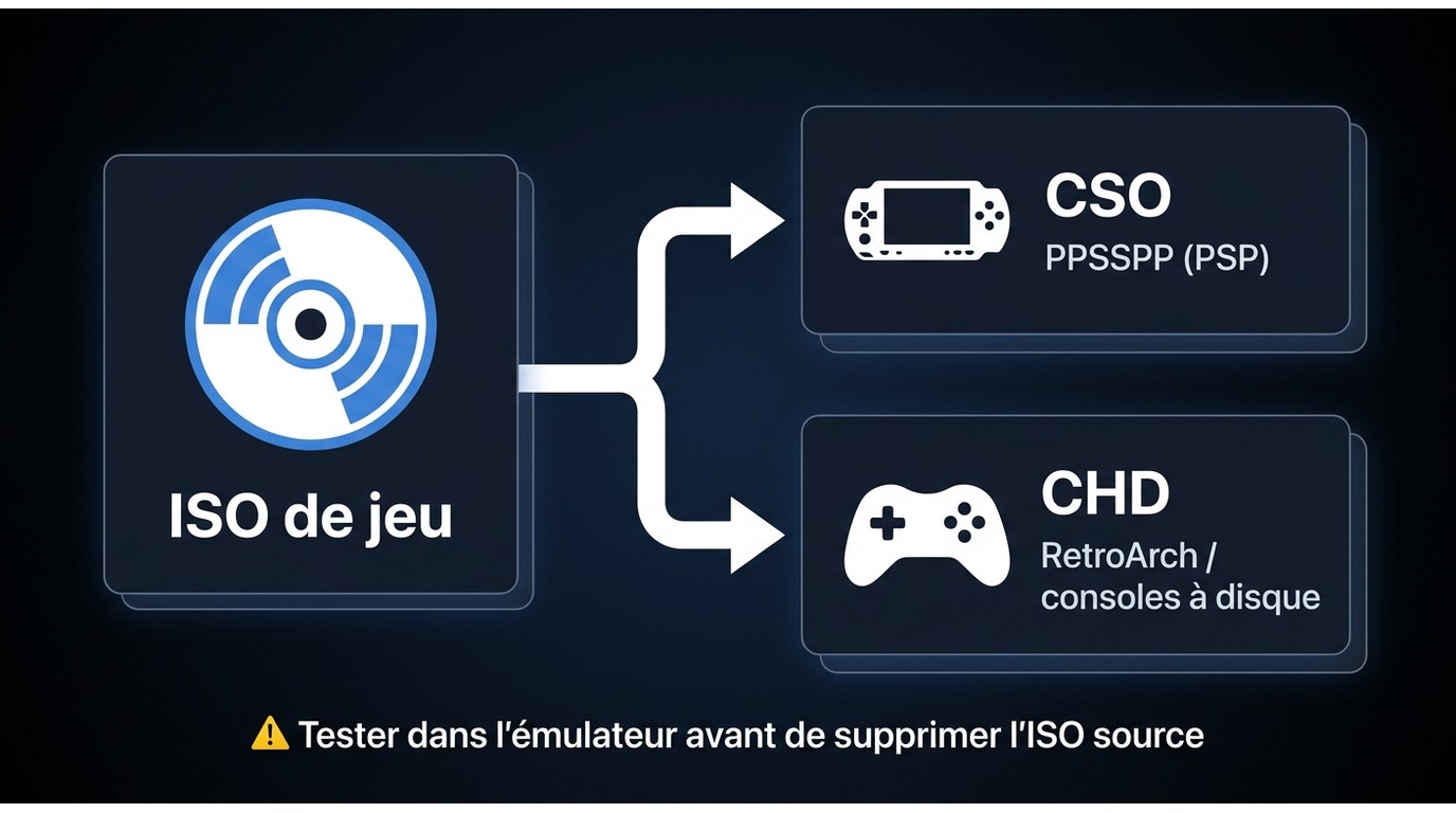 Conversion ISO de jeu vers CSO (PPSSPP) ou CHD (RetroArch) selon l'émulateur utilisé