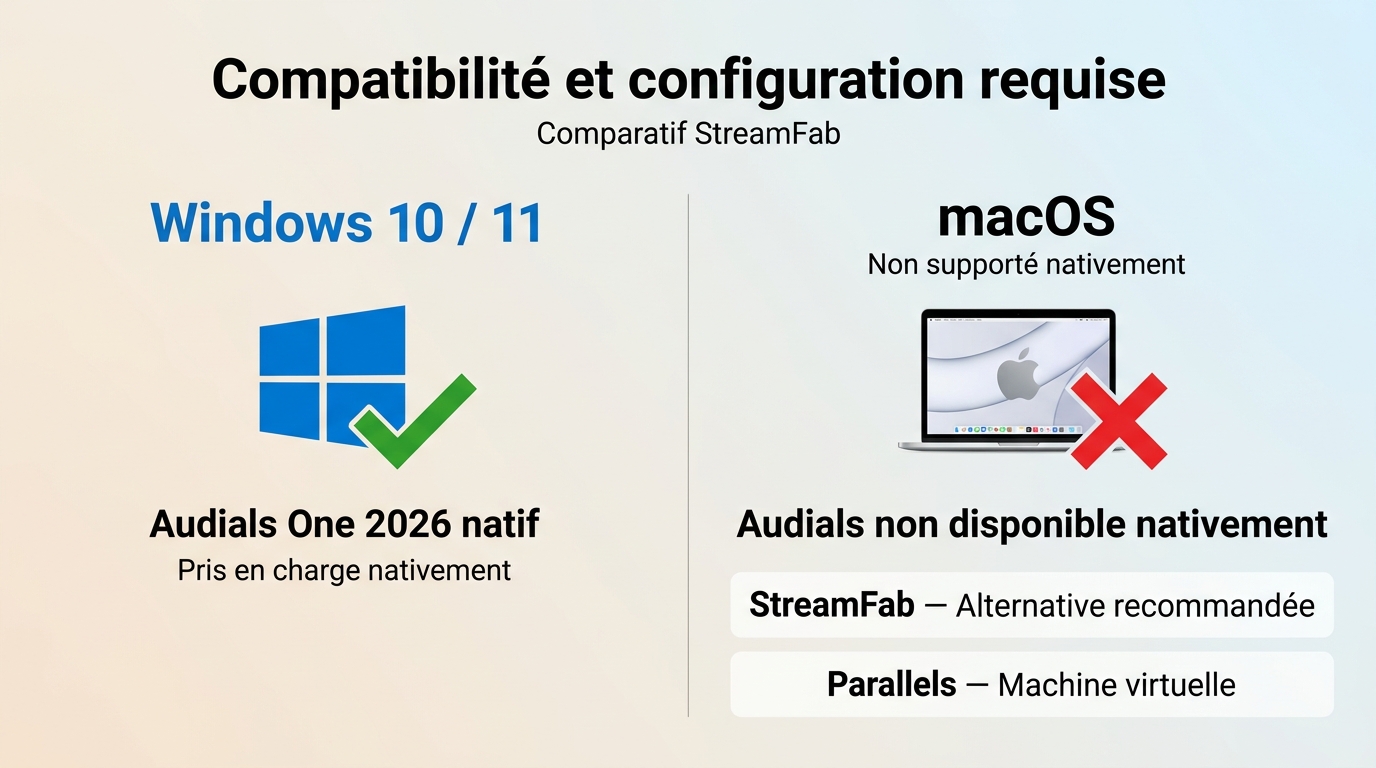 Compatibilité Audials One 2026 : natif Windows uniquement, macOS non supporté sans machine virtuelle