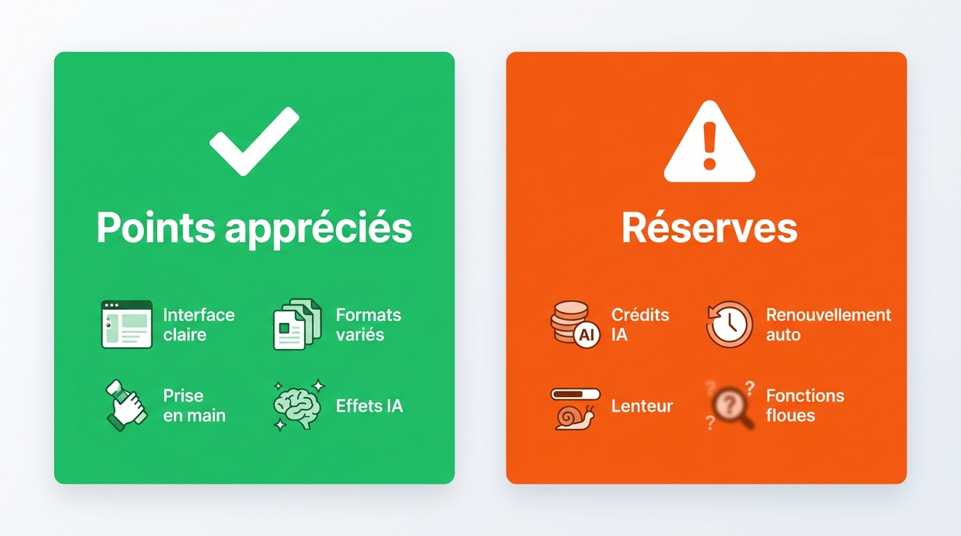 Avis utilisateurs HitPaw UniVD : points appréciés (interface, formats) vs réserves (crédits IA, reno