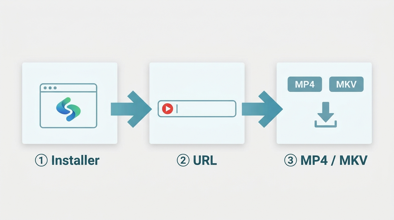 3 étapes pour télécharger avec StreamFab : installer, coller l'URL YouTube, choisir MP4 ou MKV et la