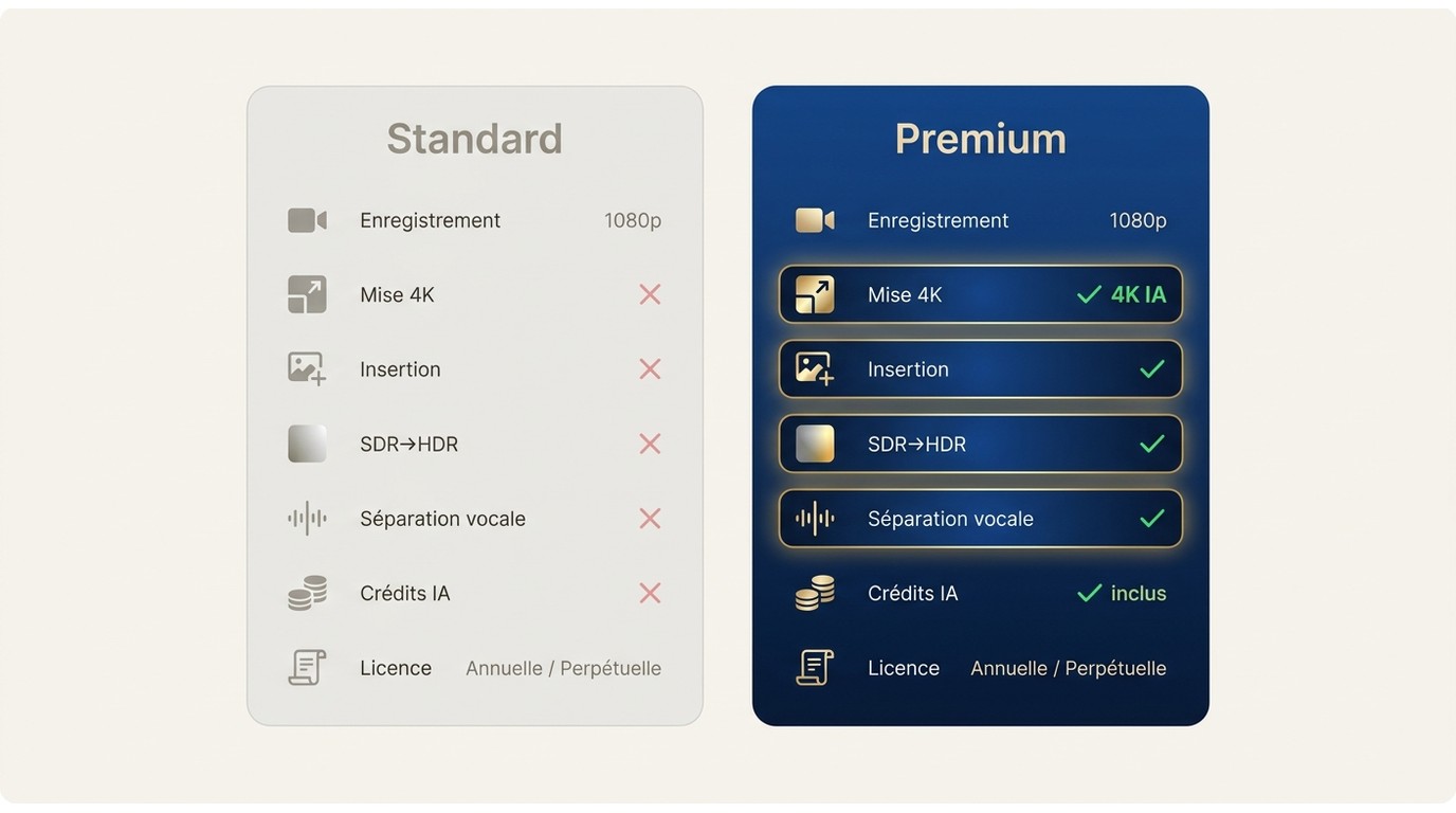 Audials One 2026 Standard vs Premium : tableau comparatif des fonctions IA cloud, 4K upscaling et cr
