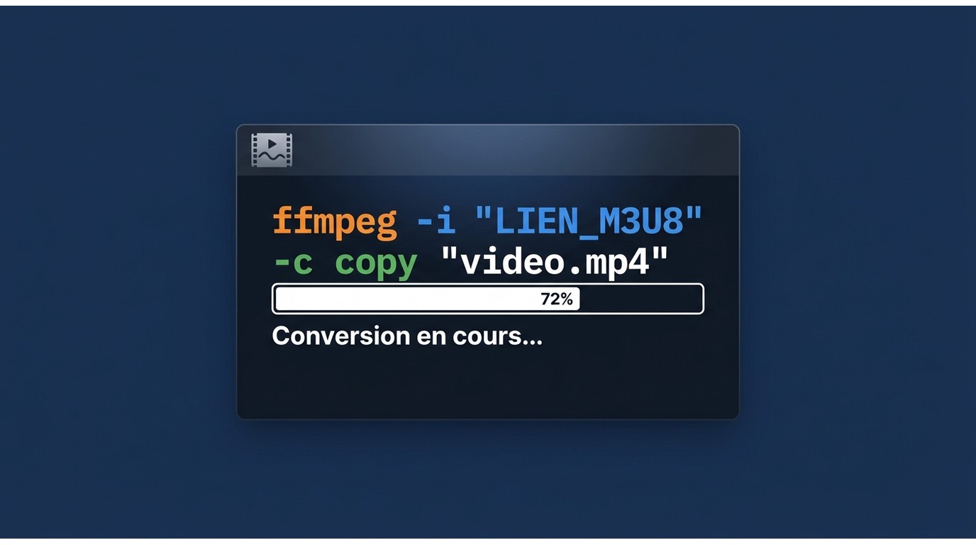 Terminal exécutant ffmpeg -i avec -c copy pour convertir un flux M3U8 en video.mp4