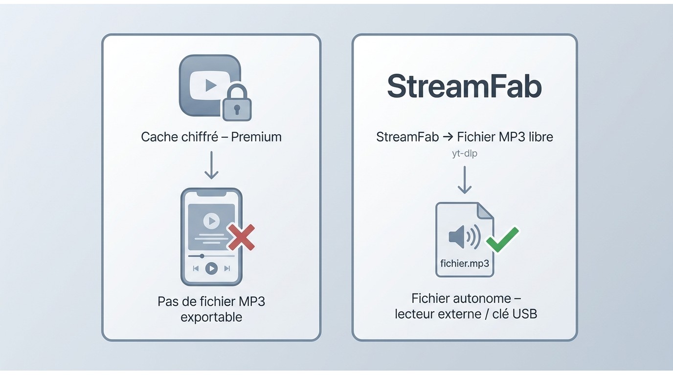 Différence entre cache YouTube Premium (lecture hors ligne) et fichier MP3 exportable vers lecteur e