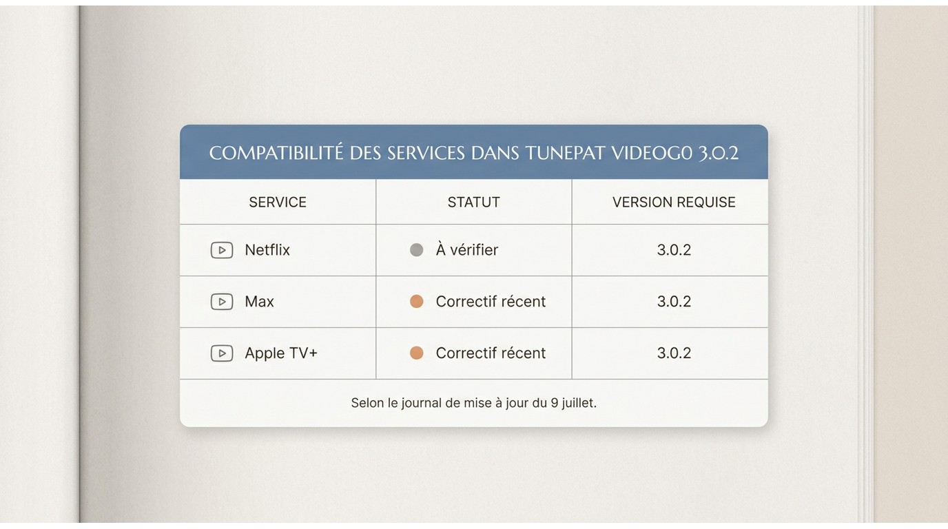 Compatibilité TunePat VideoGo 3.0.2 : Max et Apple TV+ avec correctifs récents, statut à vérifier pa