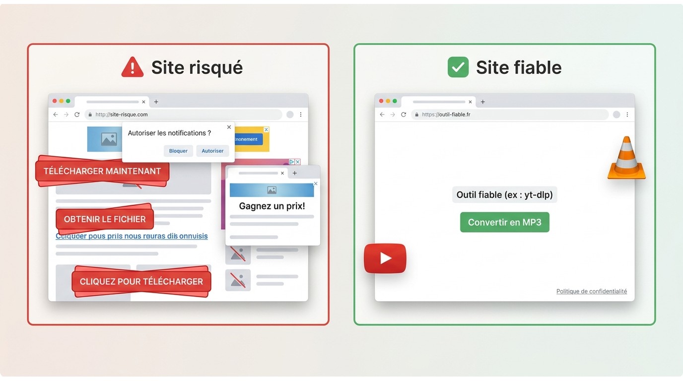 Comparaison site de conversion MP3 risqué avec faux boutons versus site fiable avec interface épurée