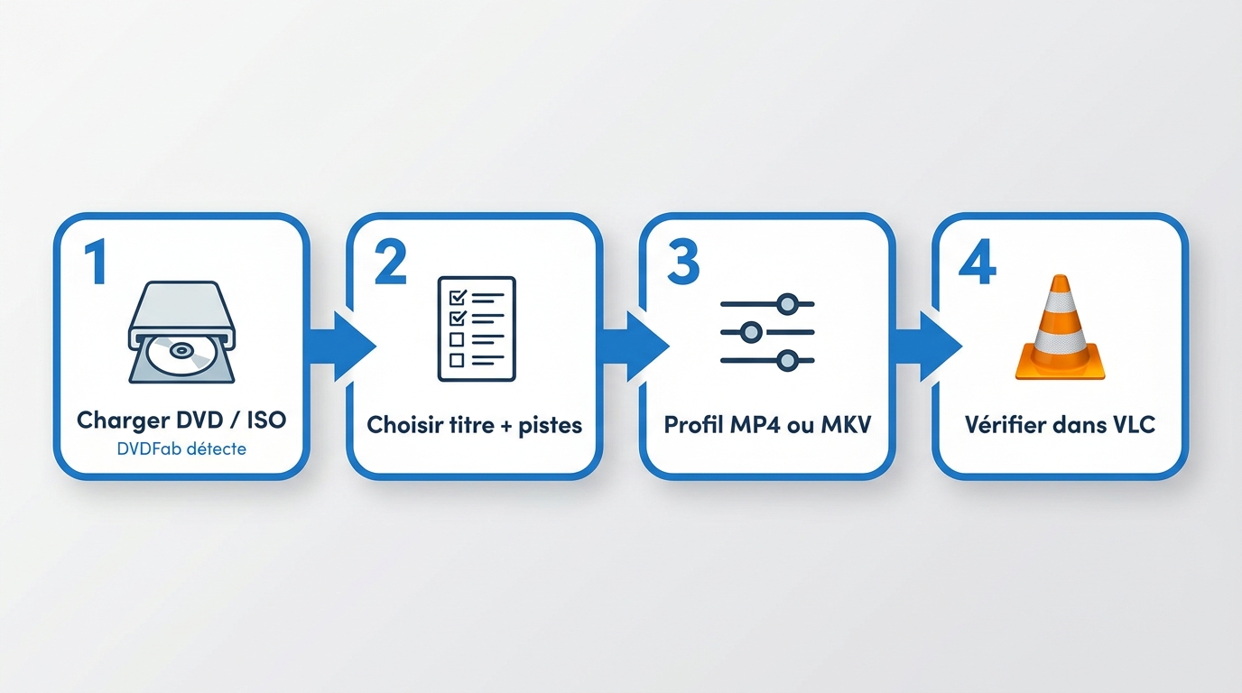 Procédure DVDFab en 4 étapes : charger le DVD, choisir les pistes, régler le profil, contrôler dans 
