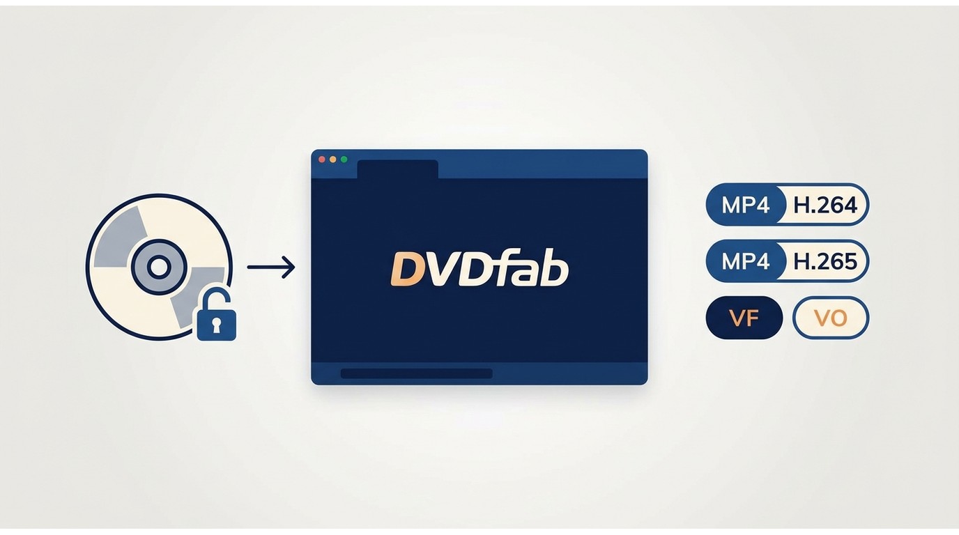 Interface DVDFab DVD Ripper avec sélection de profil MP4 H.264/H.265 et choix des pistes audio VF/VO