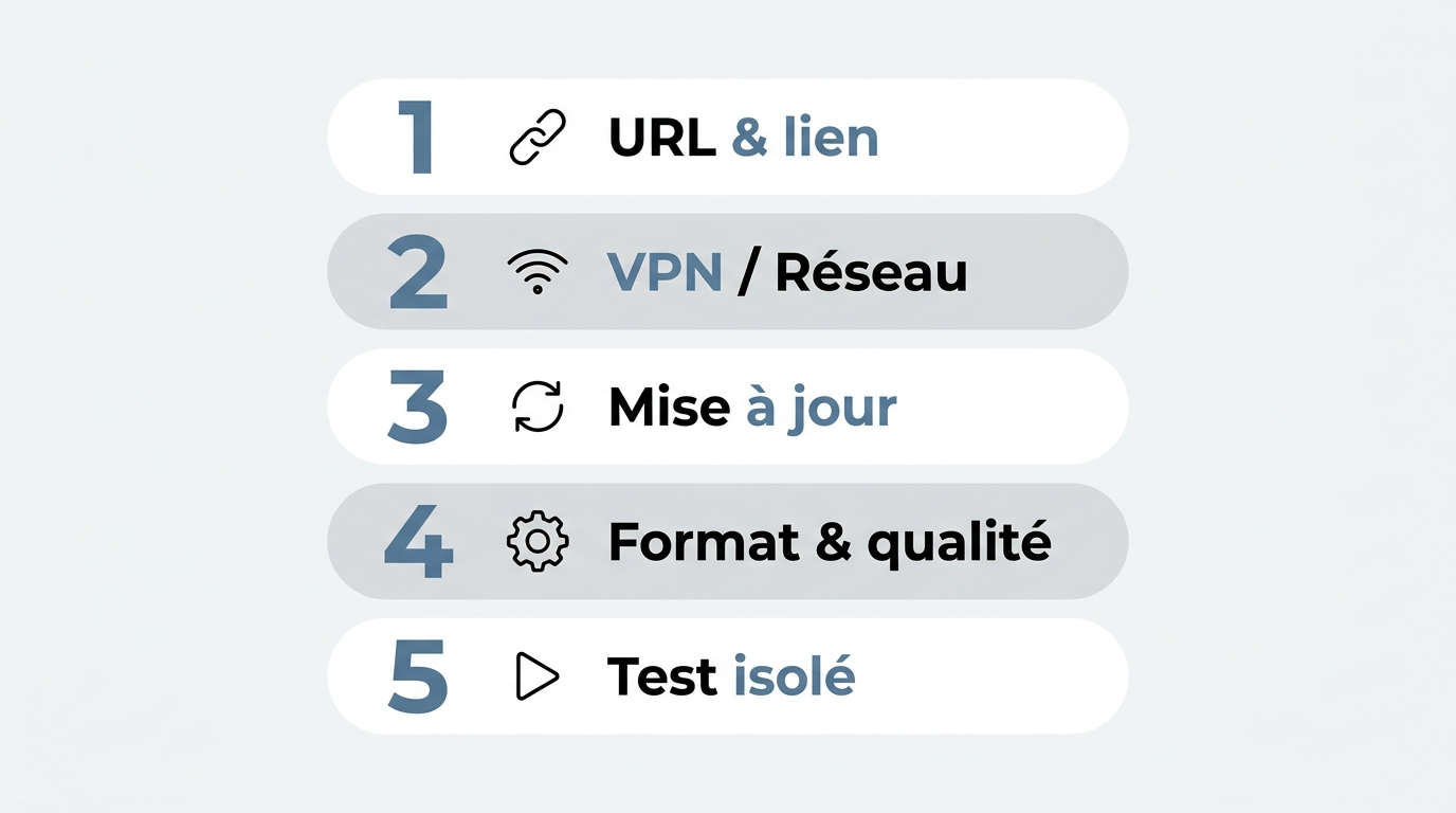 Checklist de dépannage iTubeGo en 5 étapes : URL, réseau, mise à jour, format, test isolé