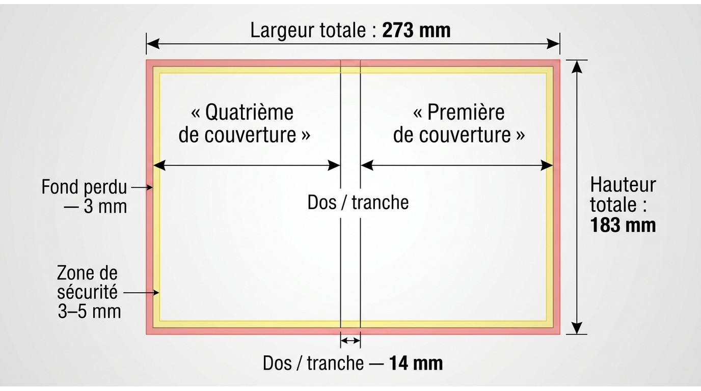 Gabarit jaquette DVD déplié : 273×183 mm avec zones fond perdu 3 mm, sécurité et dos 14 mm annotés