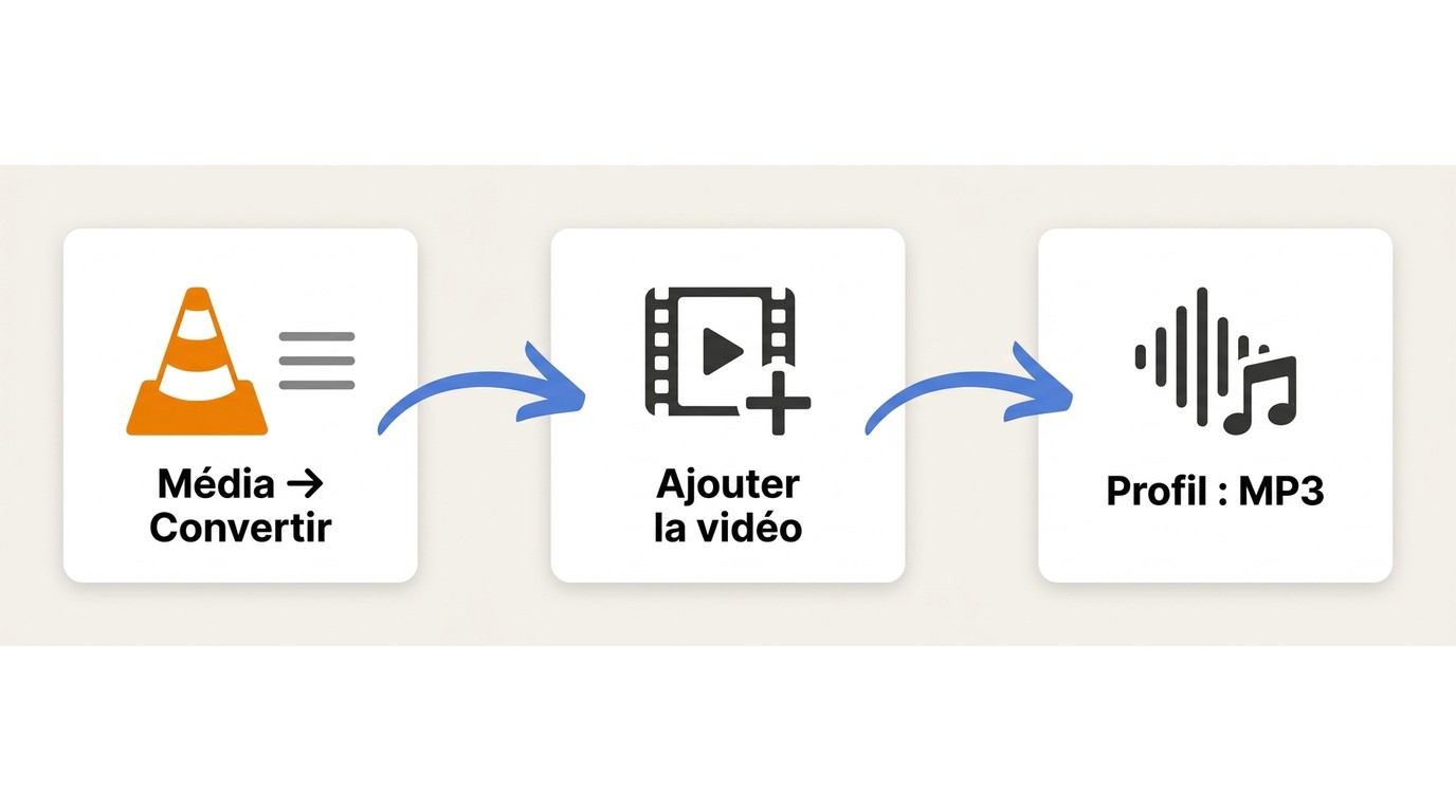 Étapes VLC pour convertir un fichier vidéo local en MP3 via Média › Convertir/Enregistrer