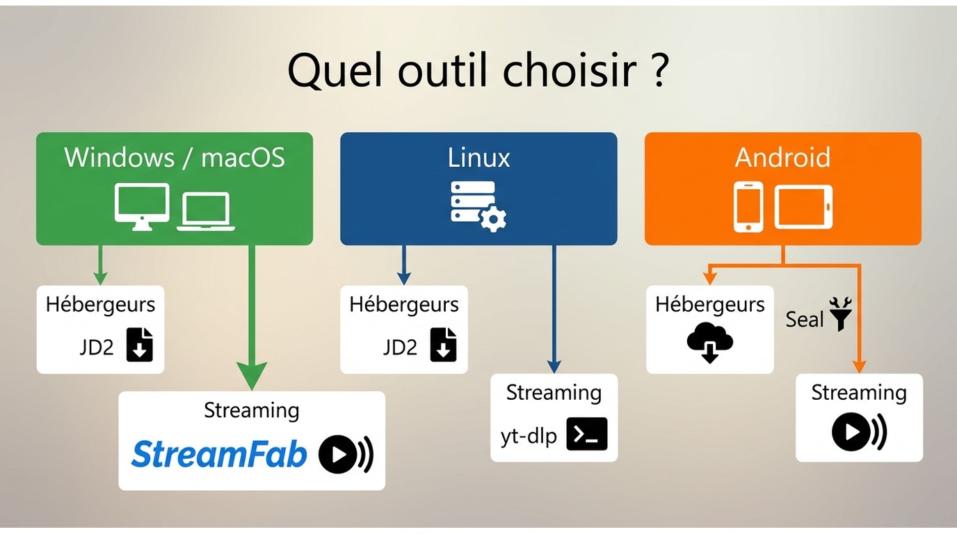 Comparatif JDownloader, StreamFab, yt-dlp et Seal selon système et type de source