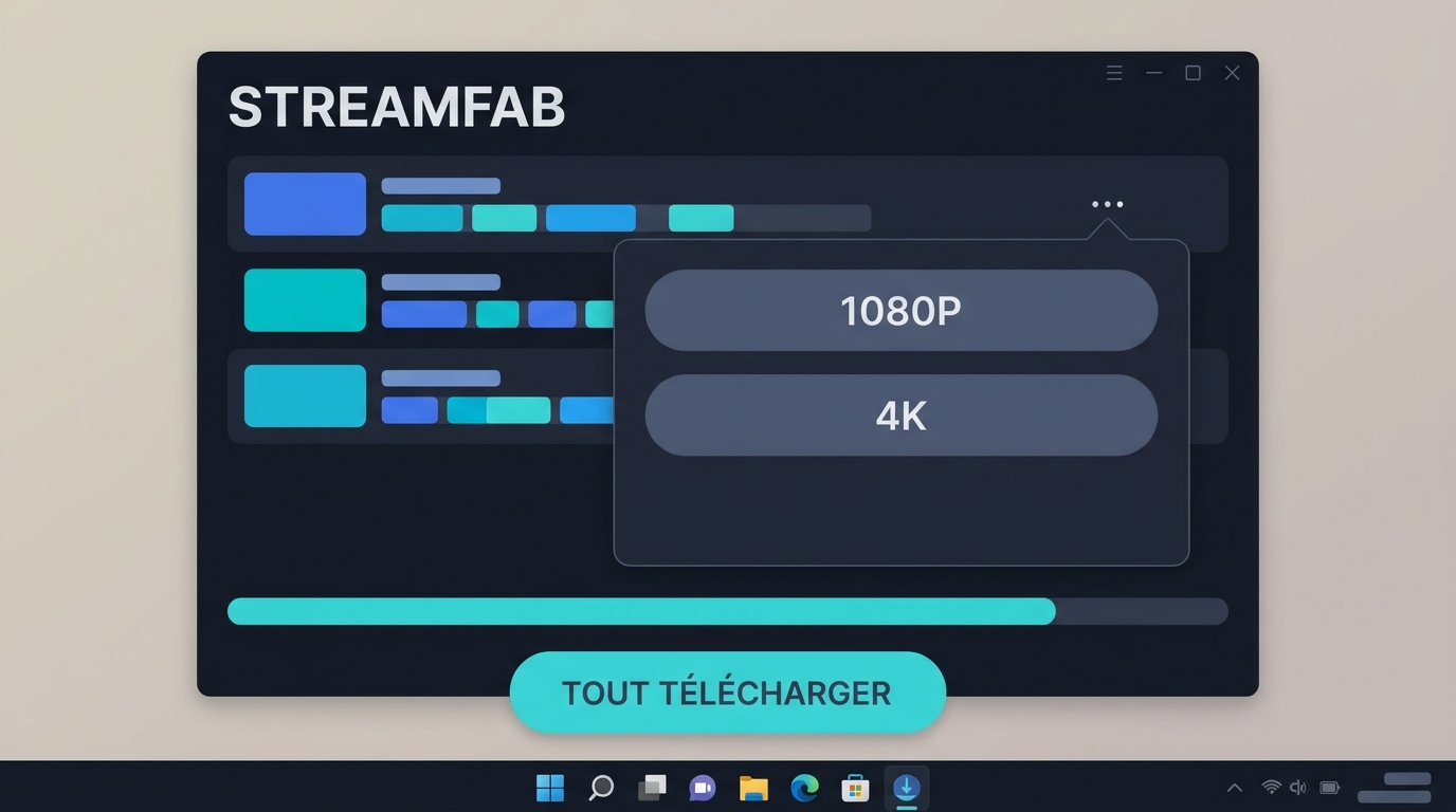 Interface StreamFab All-In-One avec file de téléchargement par lots et sélecteur de qualité 1080p/4K