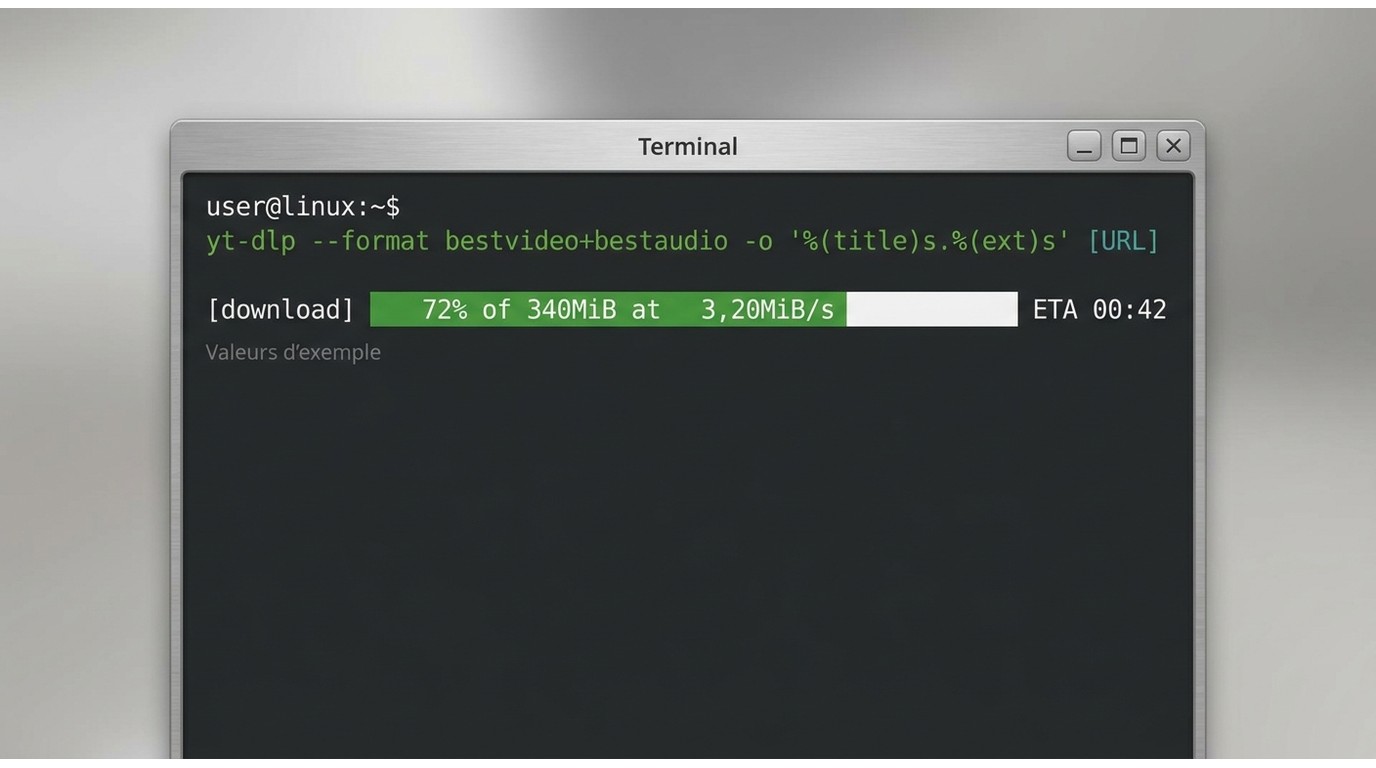 Terminal Linux avec commande yt-dlp et barre de progression de téléchargement