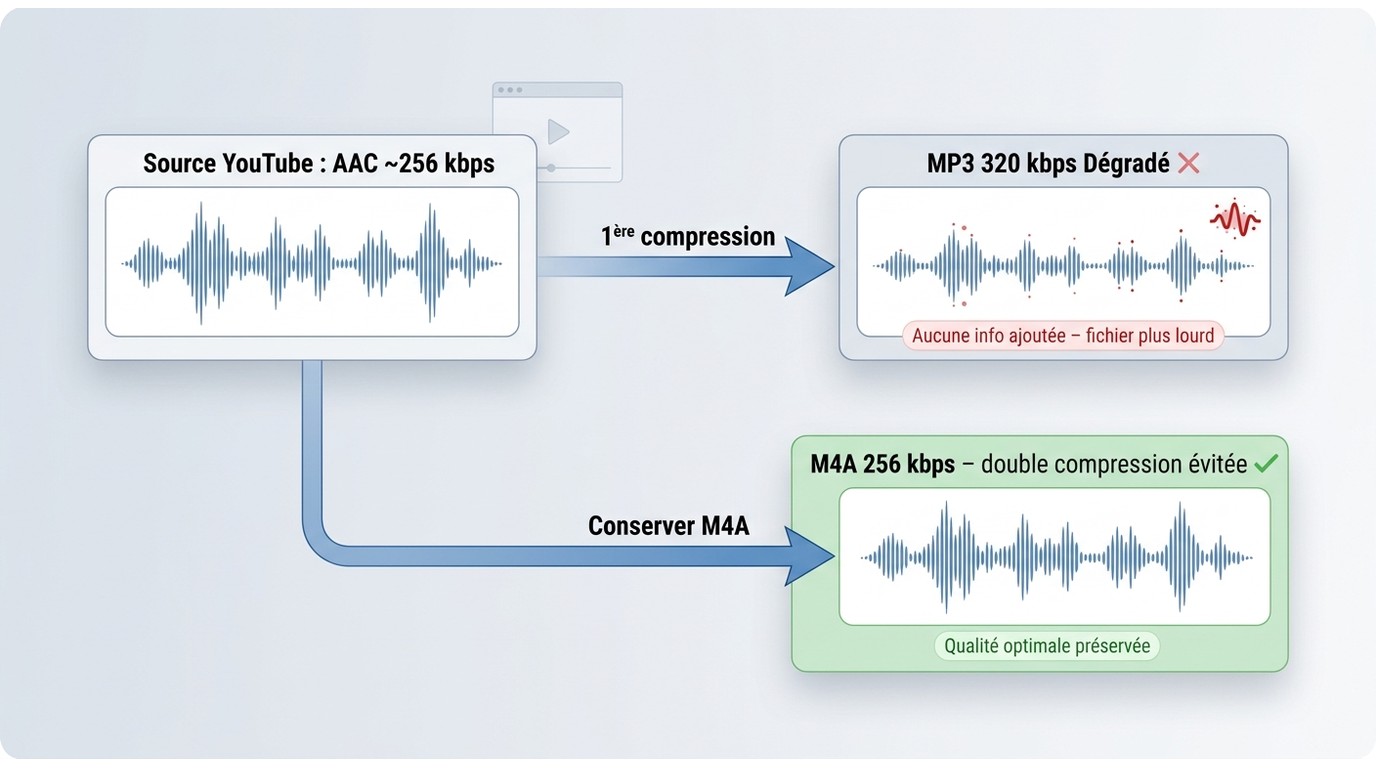 Diagramme double compression audio : re-encoder AAC 256 kbps en MP3 320 kbps n'ajoute aucune qualité