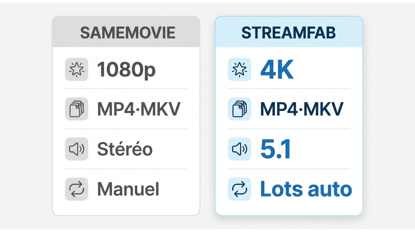 Comparaison SameMovie vs StreamFab : qualité max, formats MP4/MKV, audio multicanal et traitement pa