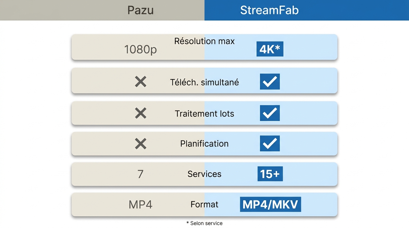 Comparaison Pazu StreamGet vs StreamFab : résolution, lots, planification et nombre de services