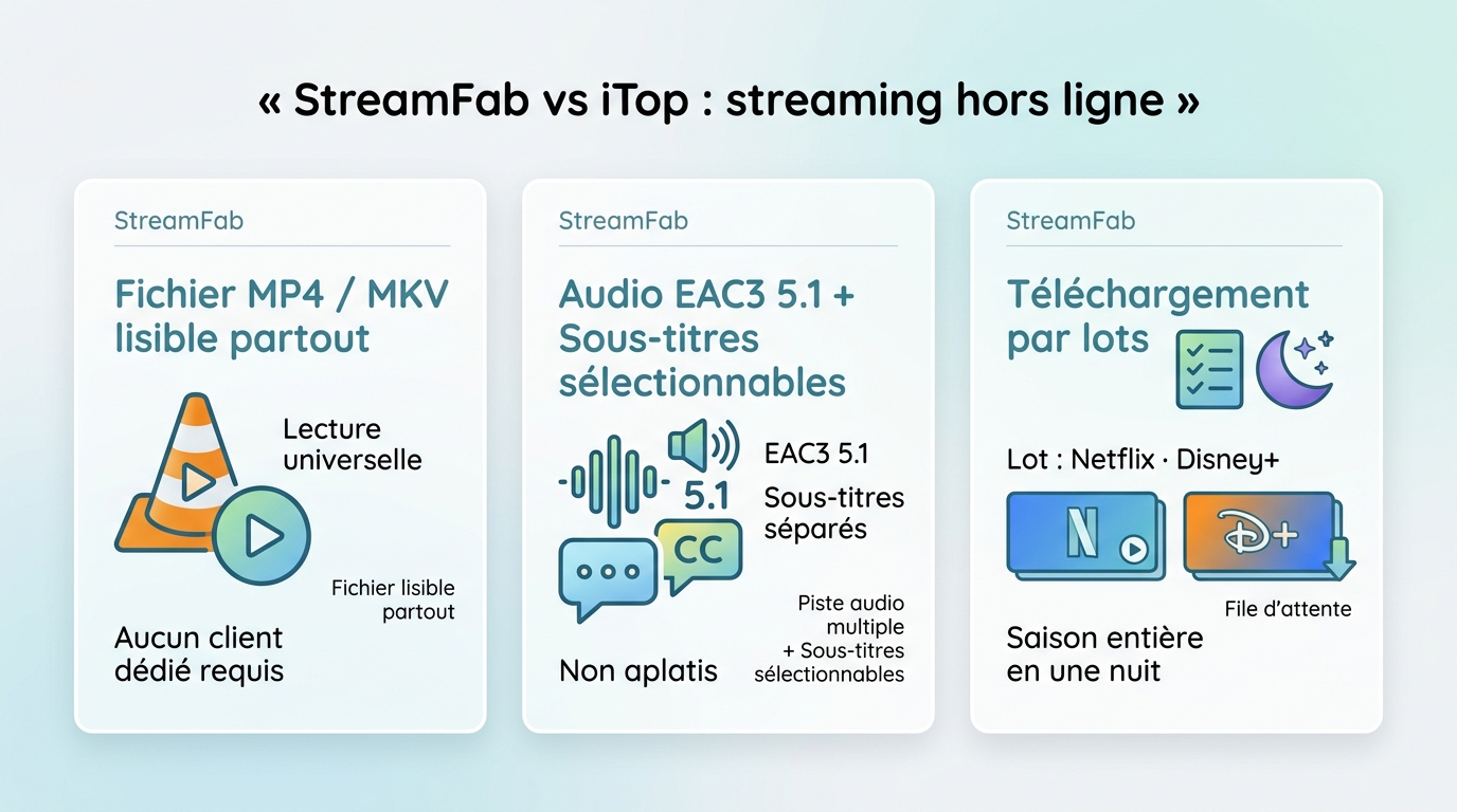 StreamFab vs iTop pour le streaming hors ligne : fichier MP4 universel, audio 5.1 sélectionnable, té