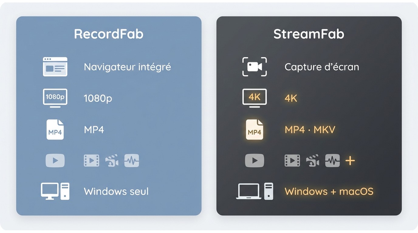 Comparaison RecordFab vs StreamFab : méthode, qualité max 1080p vs 4K, formats MP4 vs MP4/MKV, compa