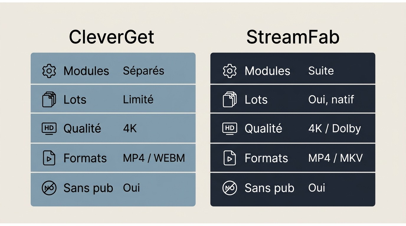 Comparaison CleverGet vs StreamFab : modularité, formats, multi-services et traitement par lot selon