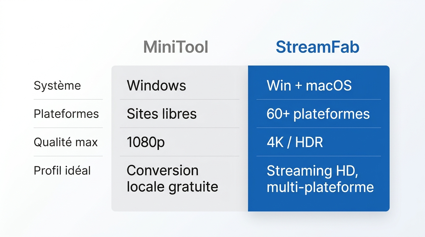 Comparaison MiniTool vs StreamFab : système, plateformes, qualité max et profil idéal