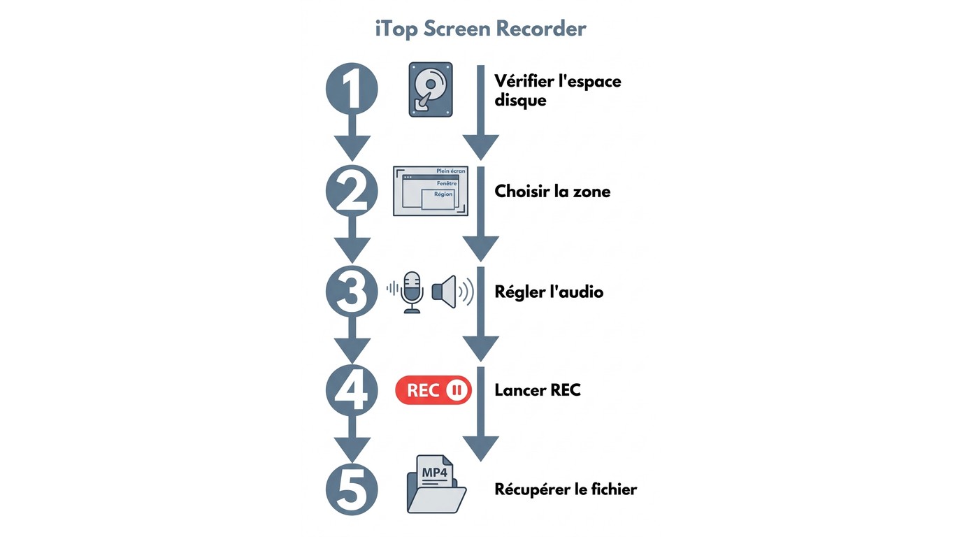 Cinq étapes pour démarrer une capture avec iTop Screen Recorder : espace disque, zone, audio, REC, r