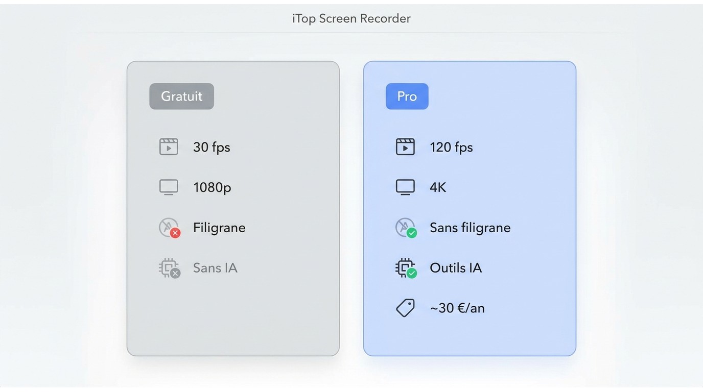 Comparatif iTop Screen Recorder Gratuit vs Pro : résolution, fps, filigrane, outils IA et prix