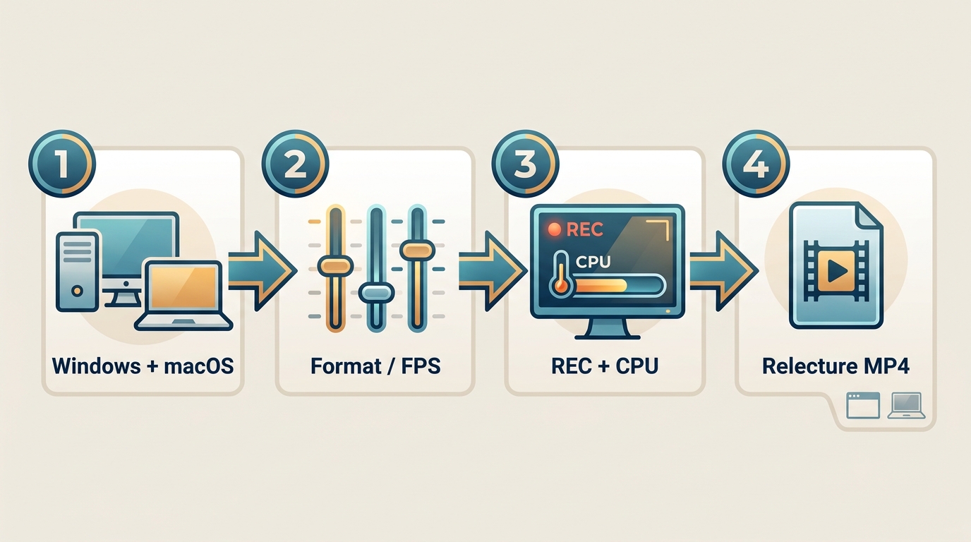 Protocole de test Debut Video Capture en 4 étapes : scénario, réglages, enregistrement, relecture su