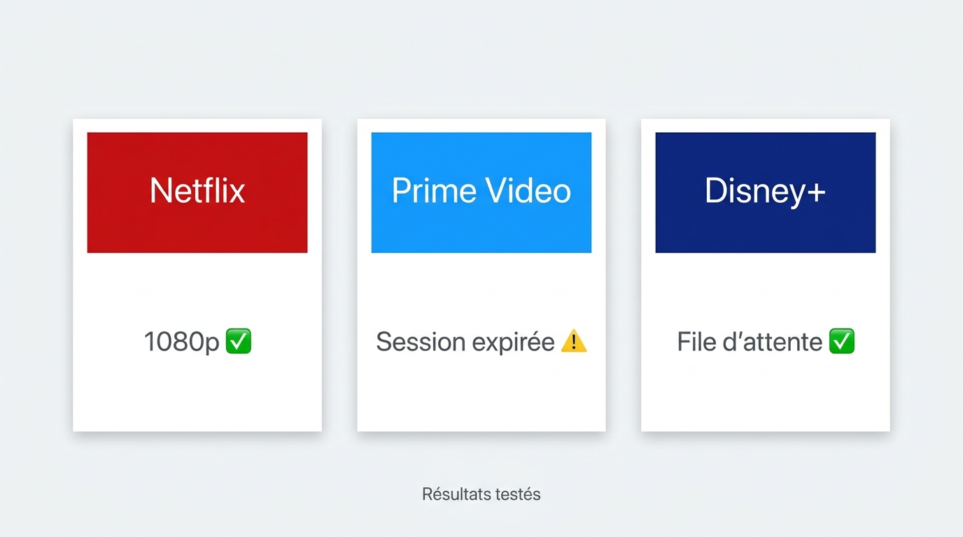 Résultats Pazu sur Netflix (1080p), Prime Video (expiration session) et Disney+ (file d'attente)