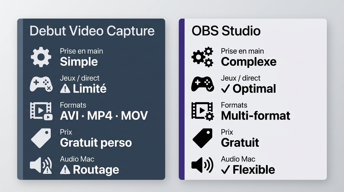 Comparaison Debut Video Capture vs OBS Studio : prise en main, jeux, formats, prix et audio Mac