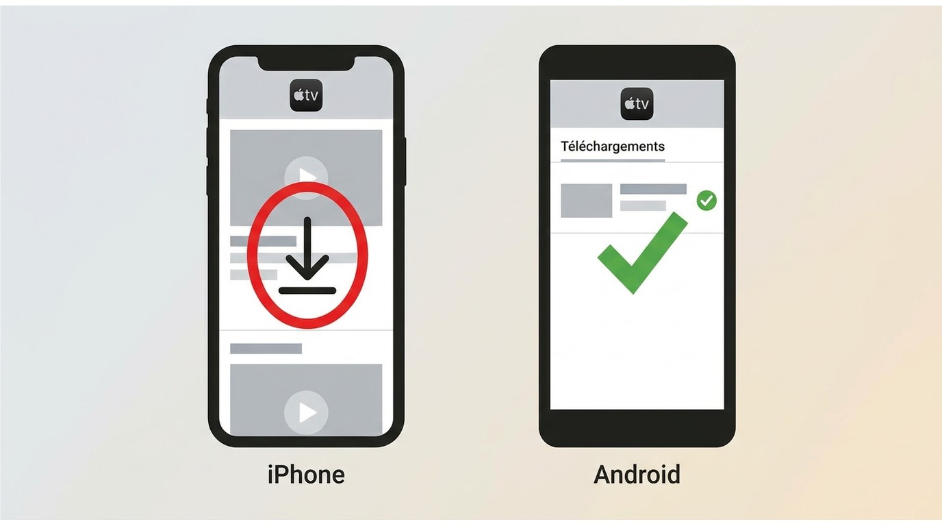 Icône de téléchargement Apple TV sur iPhone et rubrique Téléchargements sur Android