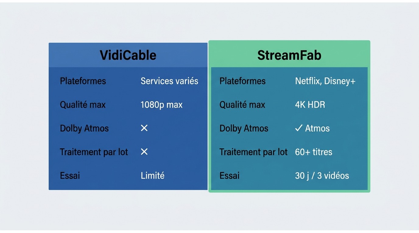 Comparaison VidiCable vs StreamFab : qualité 4K, Dolby Atmos et traitement par lot disponibles uniqu