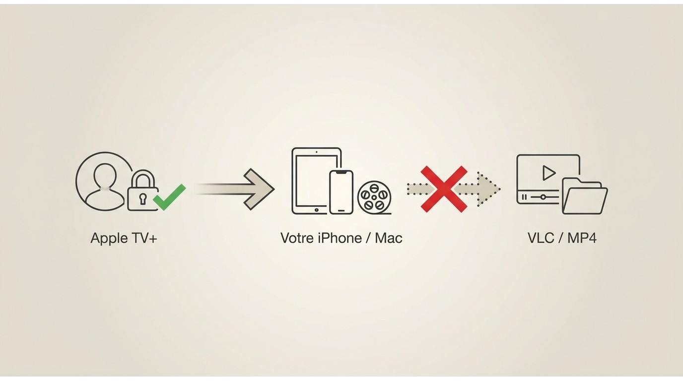 Schéma DRM Apple TV+ : lien entre compte, titre autorisé et appareil, sans export possible
