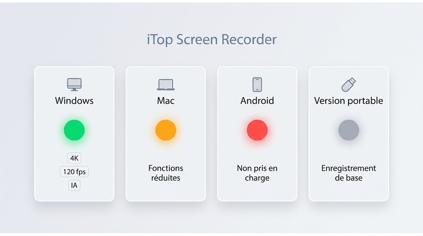 Compatibilité iTop Screen Recorder : complet sur Windows, réduit sur Mac, absent sur Android et port