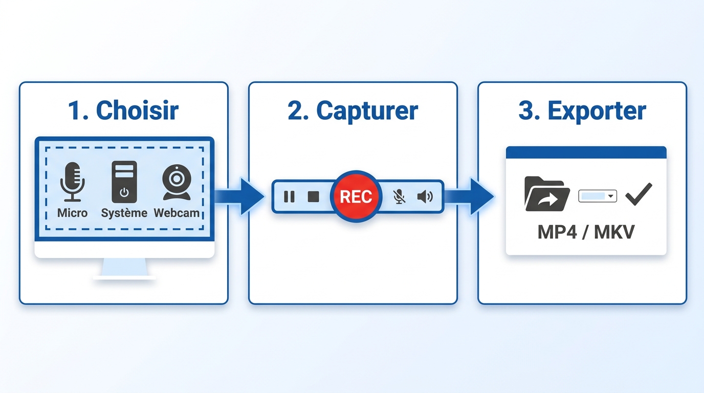 Workflow Apowersoft en 3 étapes : choisir la zone et les sources, lancer la capture, exporter en MP4