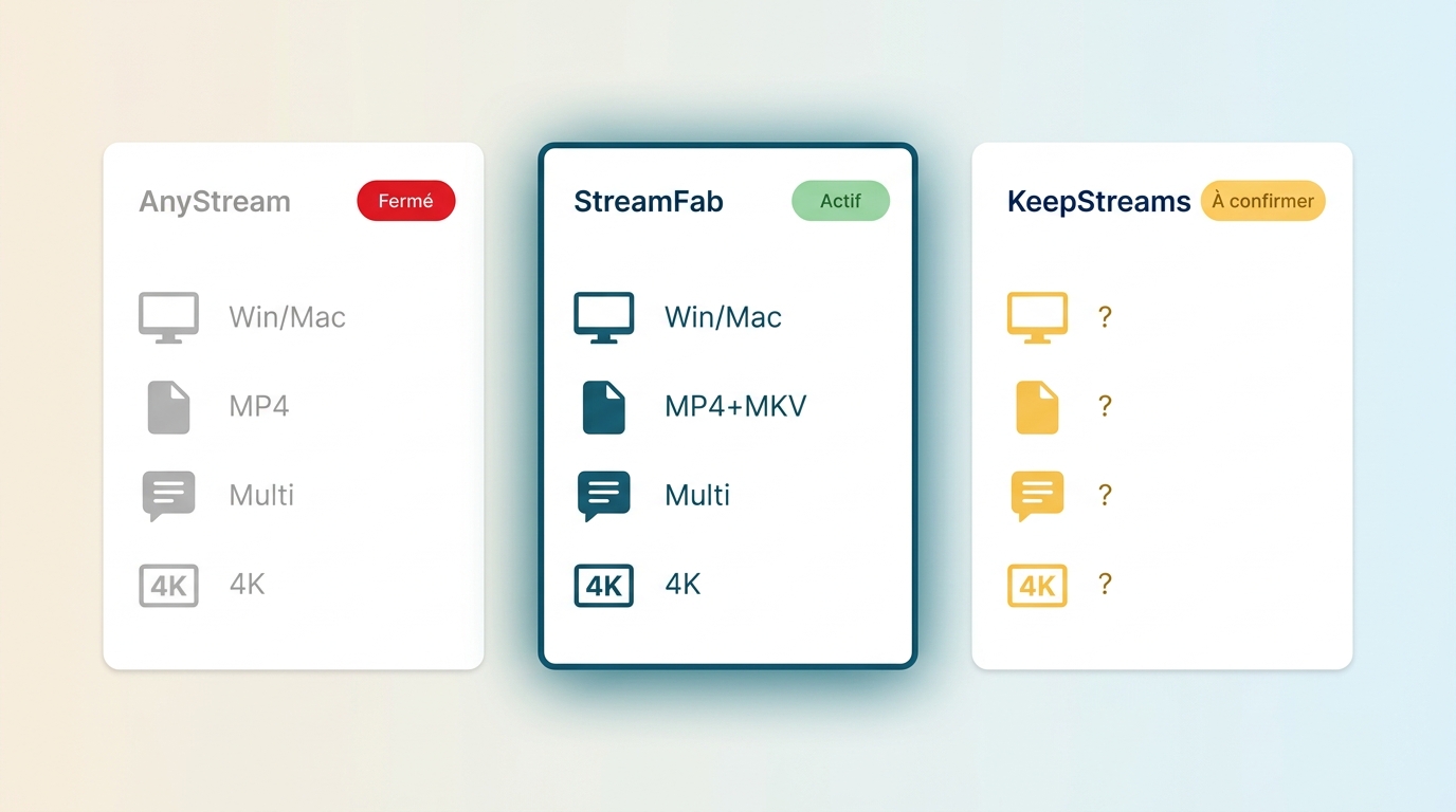 Comparaison AnyStream fermé vs StreamFab actif vs KeepStreams : formats, sous-titres, support