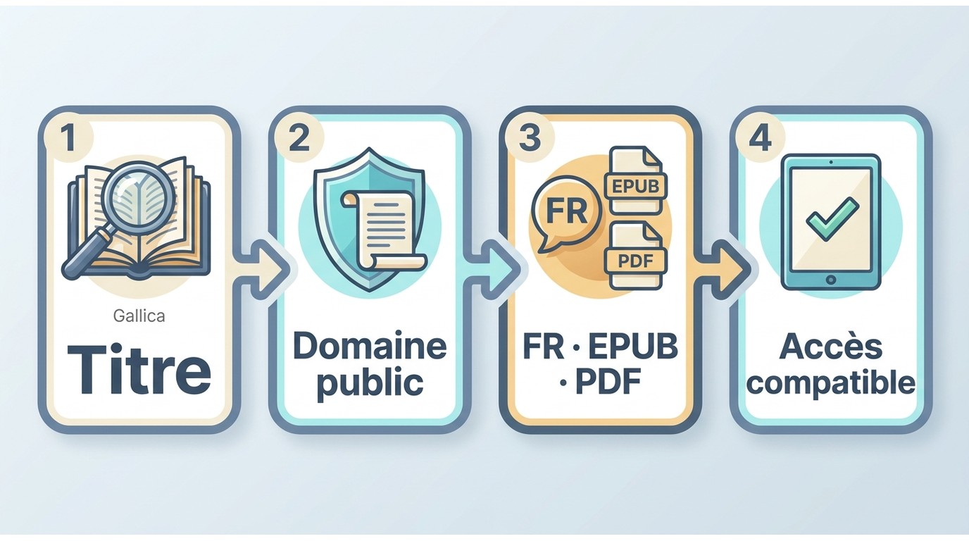 Étapes pour vérifier les droits, la langue, le format et l’accès d’un ebook.