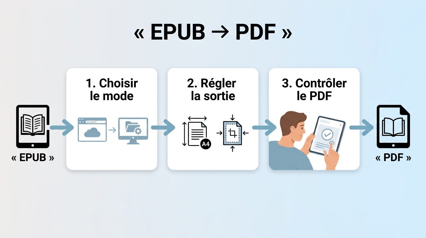 Étapes pour convertir un EPUB en PDF et vérifier la mise en page.